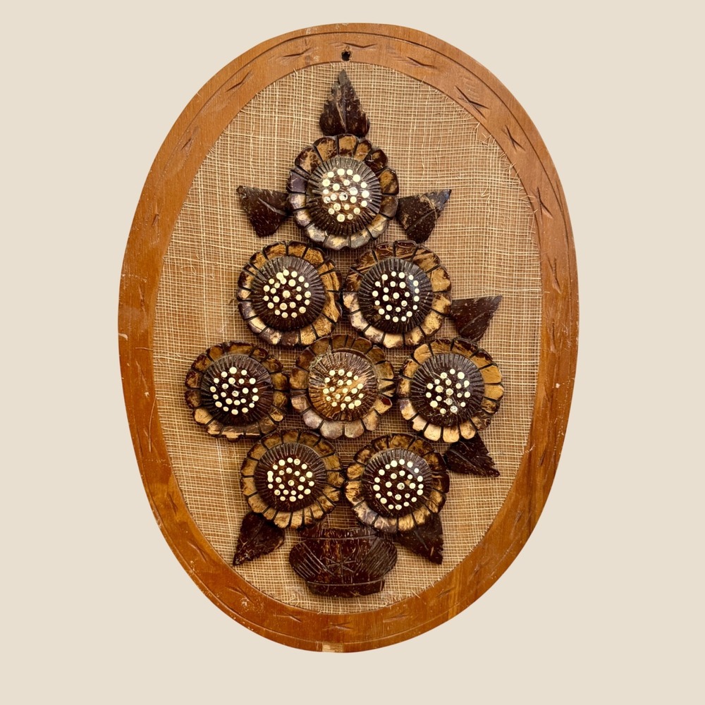 Vintage Philippines Coconut Shell Wall Art, Floral Bouquet, Oval Wood Frame